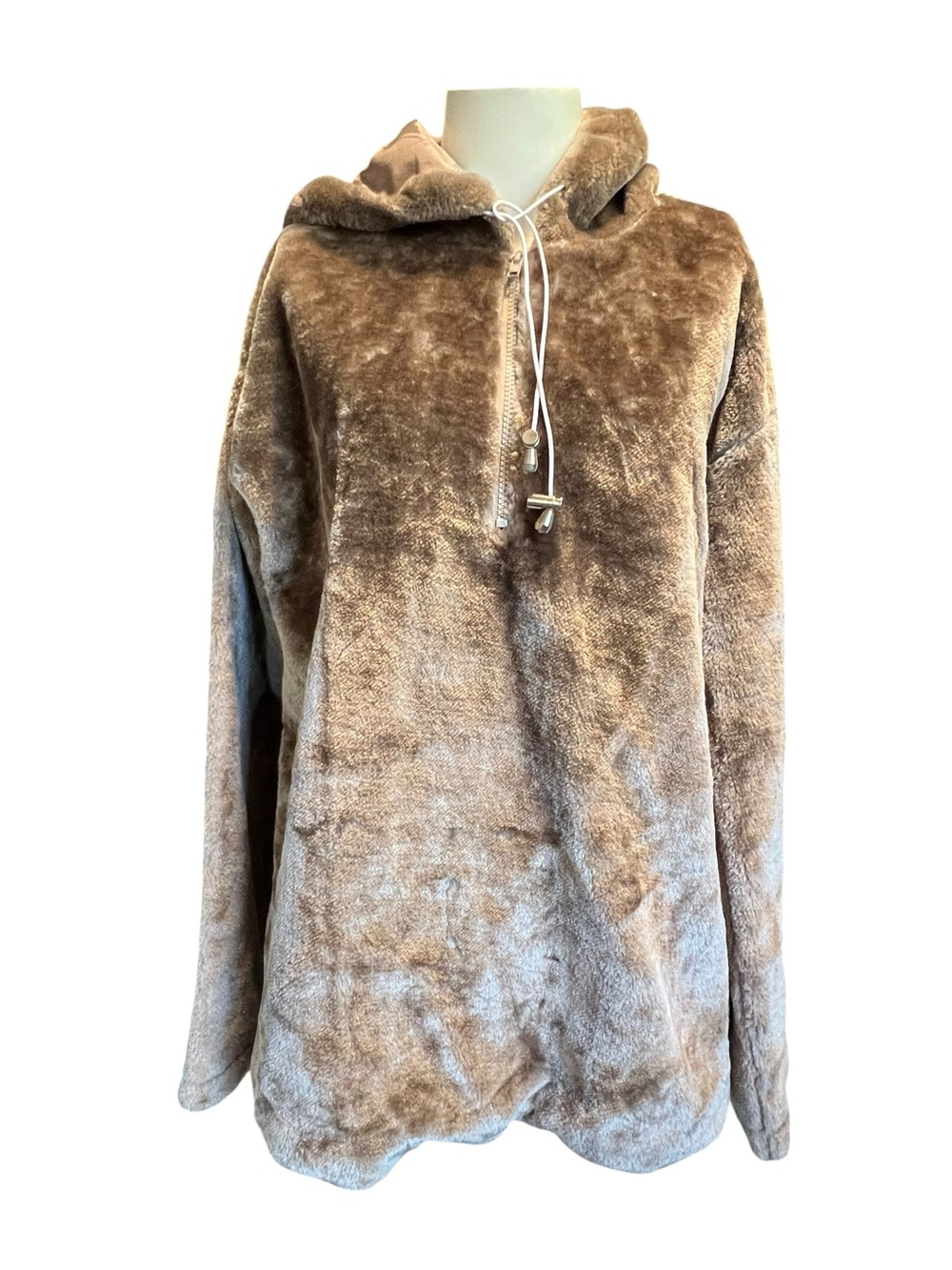 Valeria Caleote a cozy, tan-colored fuzzy faux fur pullover hoodie new with tag